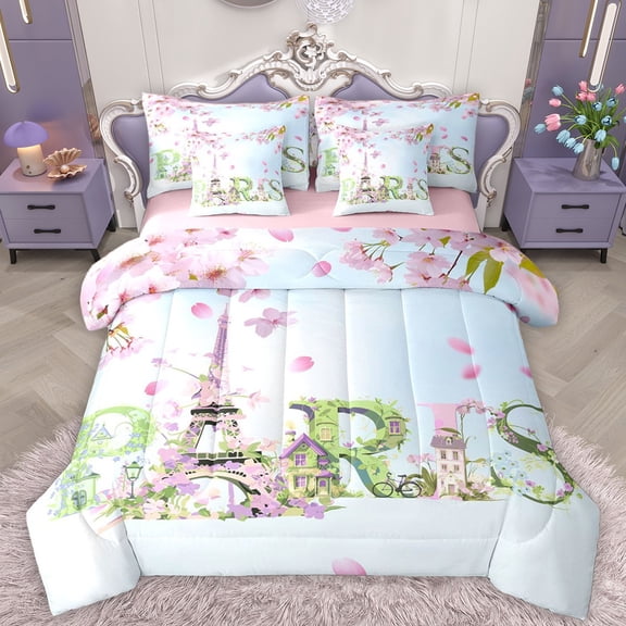 Homewish Paris Eiffel Tower 7-Piece Full Bedding Set - Pink Cherry Blossom Valentine