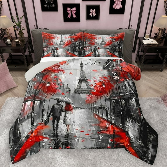 Homewish Paris Eiffel Tower Bedding Comforter Set,Oil Painting Twin Comforter Sets,Romantic Valentine'S Day Bedding Set For Girls Teens,Ultra Soft Home Decor Reversible,2pcs
