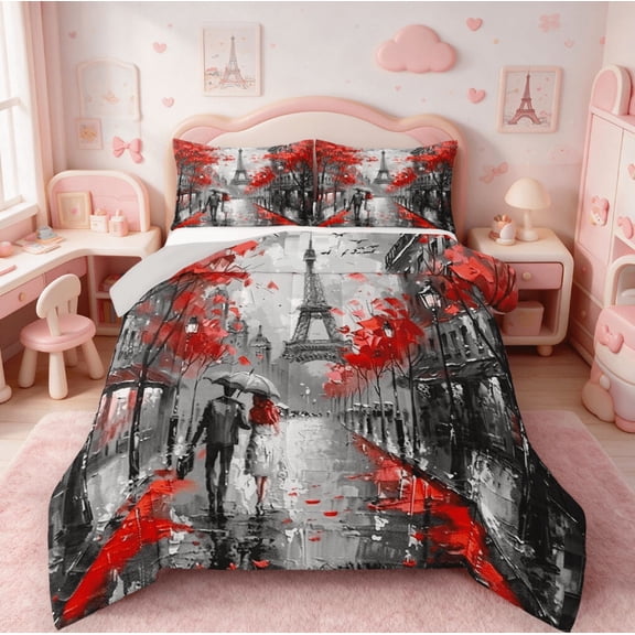 Homewish Paris Eiffel Tower Bedding Comforter Set,Oil Painting Twin Comforter Sets,Romantic Valentine'S Day Bedding Set For Girls Teens,Ultra Soft Home Decor Reversible,2pcs