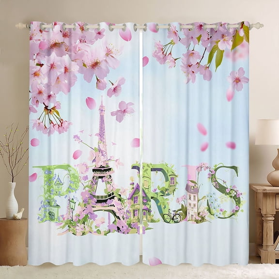 Homewish Paris Eiffel Tower Black Out Curtains for Teens Adults,Pink Cherry Blossom Curtains Pack of 2 (42x63 Each),Romantic Valentine's Day Bedroom Curtains,Lightweight Room Decor
