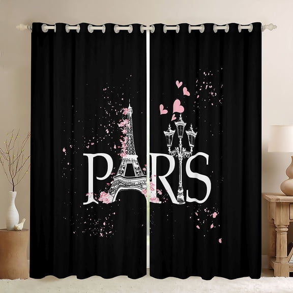 Homewish Paris Eiffel Tower Curtains Pack of 2 (42x84 Each) for Teens Adults,Black Pink Curtains Blackout,Valentine's Day Bedroom Curtains,Lightweight Room Decor