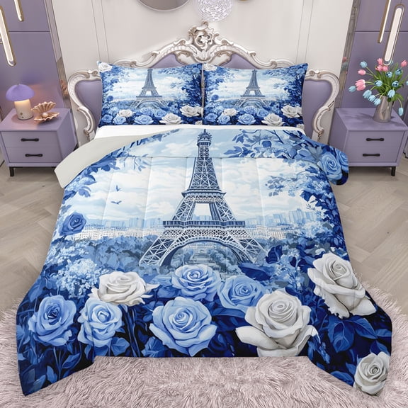 Homewish Paris Eiffel Tower Queen Comforter Set,Blue White Flower Bedding Sets,Romantic Rose Bedding Comforter Set For Girl Teens,Breathable Home Decor Reversible,3pcs