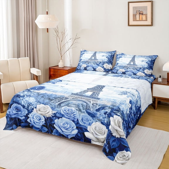 Homewish Eiffel Rose Blue White Queen 4-Piece Reversible Teen Girls Romantic Paris Floral Sheet Set