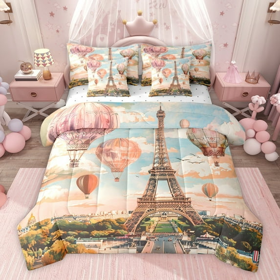 Homewish Paris Eiffel Tower Twin Bedding Sets 7-Piece for Boys Girls,Happy Valentine'S Day Bedding Comforter Set Microfiber,Vintage Aesthetic Breathable Sheet Sets,Ultra Soft Home Decor