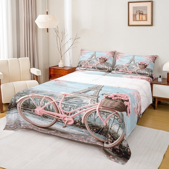 Homewish Paris Eiffel Tower Twin Sheet Sets for Girl, Pink Romantic Bike Twin Fitted Sheet, Blossoms Flower Floral Flat Sheet, Luxury Bedroom Decor, 3pcs