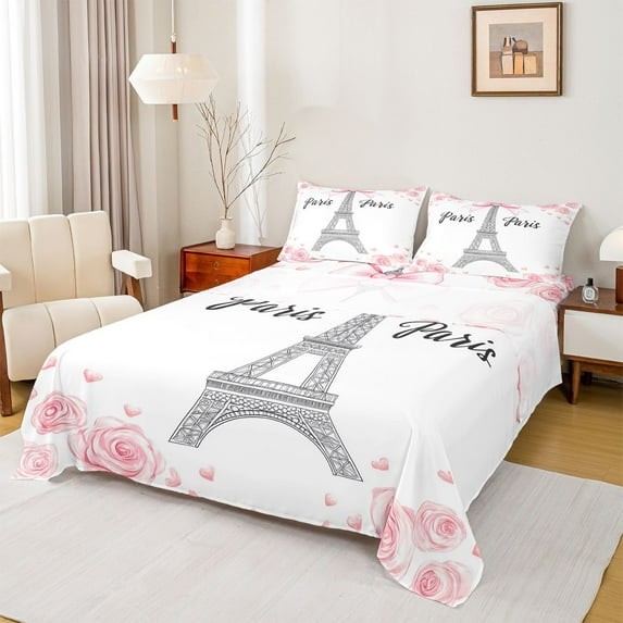 Homewish Paris Twin Sheet Sets,Eiffel Tower Twin Fitted Sheet,Pink White Flat Sheet For Girls Kids,Microfiber Bedroom Decor,3-Piece