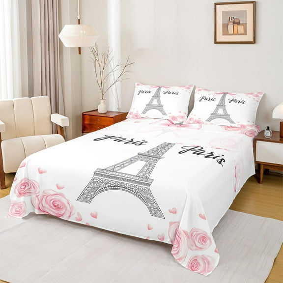 Homewish Paris Twin Sheet Sets,Eiffel Tower Twin Fitted Sheet,Pink White Flat Sheet For Girls Kids,Microfiber Bedroom Decor,3-Piece