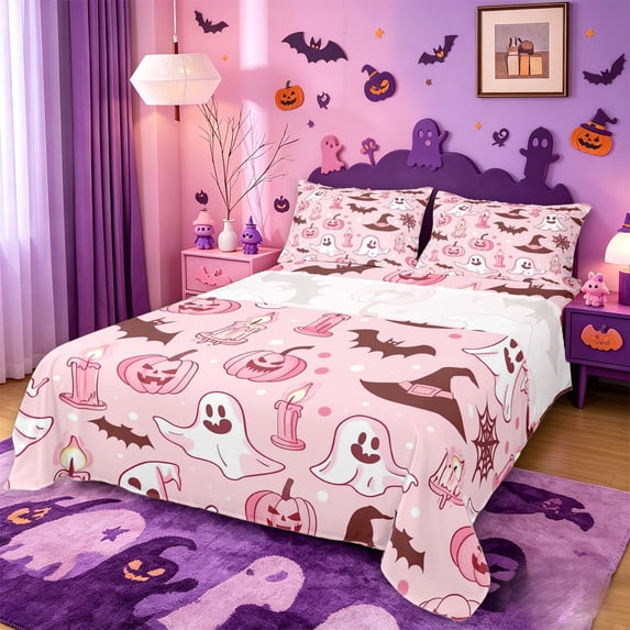 Homewish Pastel Halloween Ghost Bed Sheets,Bat Candle Pumpkin Pattern Full Size Sheets,Light Pink Brown,4pcs,1 Flat Sheet,1 Fitted Sheet and 2 Pillowcases