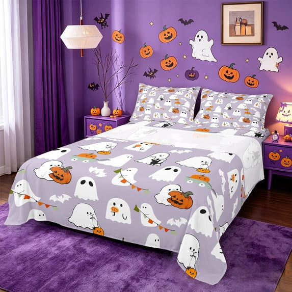Homewish Pastel Halloween Ghost Bed Sheets,Pumpkin Bat Banner Pattern Full Size Sheets,4 Pieces,1 Flat Sheet,1 Fitted Sheet and 2 Pillowcases