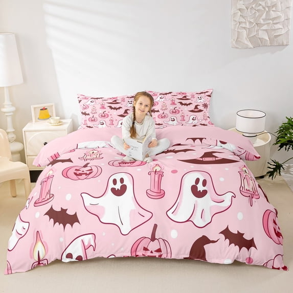 Homewish Pastel Halloween Ghost Bedding,Bat Candle Pumpkin Pattern Duvet Cover Full,Light Pink Brown,Pink Reversible,3pcs,1 Duvet Cover and 2 Pillowcases