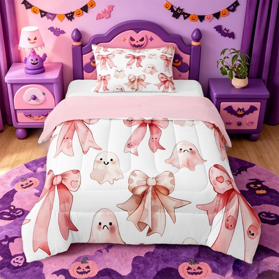 Homewish Pastel Halloween Ghost Twin Comforter Sets,Gradient Bow Heart Pattern Bedding Set,Pink Reversible,2 Pieces,1 Comforter and 1 Pillowcase