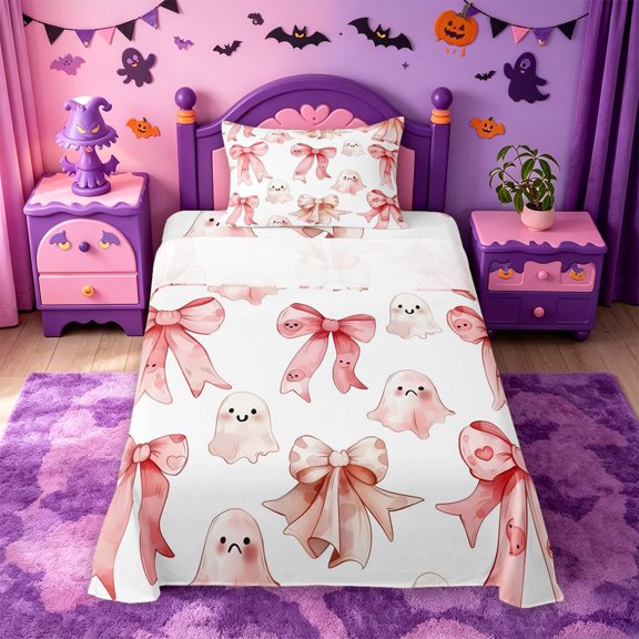 Homewish Pastel Halloween Ghost Twin Sheets,Gradient Bow Heart Pattern Bedding,3 Pieces,1 Fitted Sheet and 1 Pillowcase