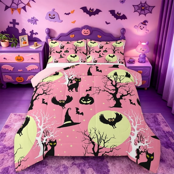 Homewish Pastel Halloween Scene Twin Comforter Sets,Owl Tree Cat Moon Print Bedding Set,Blush Pink Black,Pink Reversible,2 Pieces,1 Comforter and 1 Pillowcase