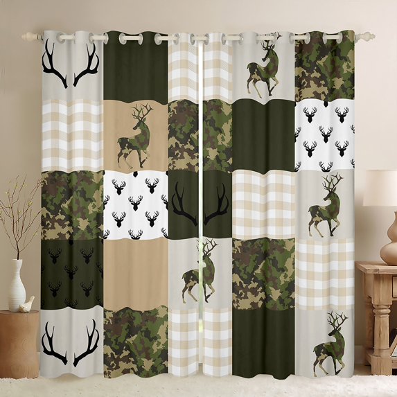 Homewish Patchwork Buffalo Plaid Curtains Pack of 2 (42x84 Each), Rustic Green Camouflage Curtains Blackout, Jungle Deer Animal Bedroom Curtains, Blackout Curtains Room Decor