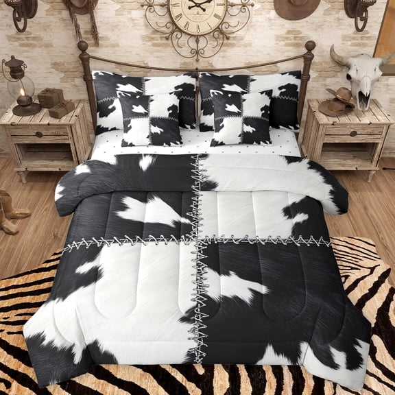 Homewish Patchwork Cow Hide 7pcs Bedding Comforter Set,Country Farmhouse Lodeg Queen Bedding Sets,White Black Queen Sheet Sets For Adults,Microfiber Bedroom Decor Reversible
