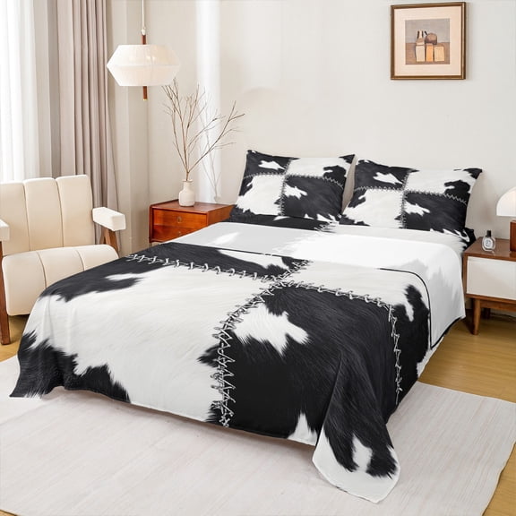 Homewish Patchwork Cow Hide Bed Sheets,Country Farmhouse Lodeg King Sheets,White Black Sheet Set For Adults,Microfiber Bedroom Decor,4pcs