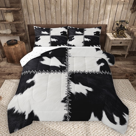 Homewish Patchwork Cow Hide Queen Comforter Set,Country Farmhouse Lodeg Bedding Sets,White Black Bedding Comforter Set For Adults,Microfiber Bedroom Decor Reversible,3 Pieces