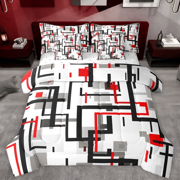 Homewish Patchwork Geometric Checkered 7-Piece Bedding Comforter Set,Striped Lines Pattern King Bedding Sets,White Red Gray Bed Sheets For Men Women,Super Cozy Room Decor