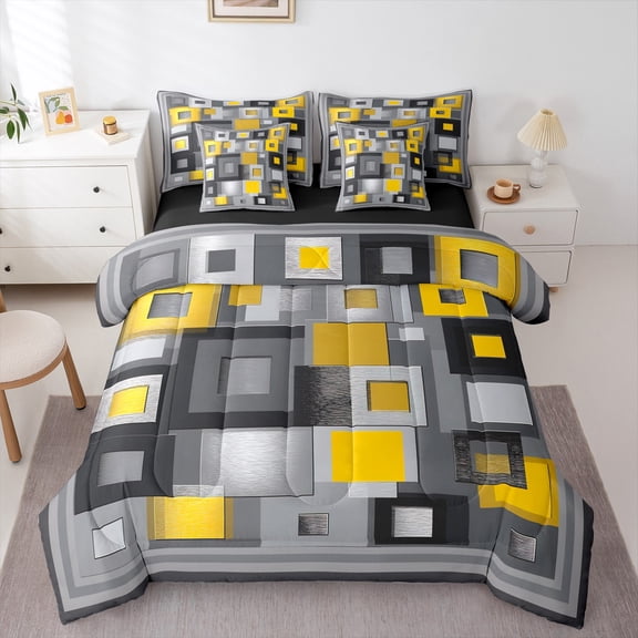Homewish Patchwork Geometric Checkered 7-Piece Twin Bedding Sets,Classic Grid Bedding Comforter Set,Yellow Gray Sheet Sets for boys girls,Ultra Soft Home Decor Reversible