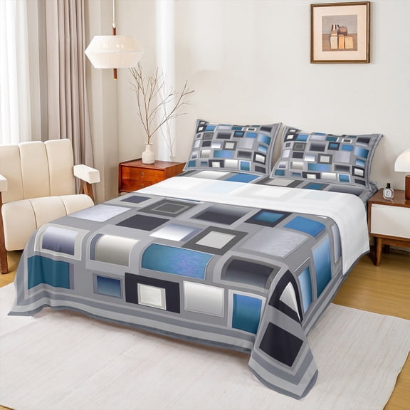 Homewish Patchwork Geometric Checkered Bed Sheets,Classic Grid King Sheets,Gray Blue Sheet Set For Men Women,4pcs