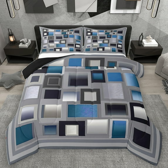 Homewish Patchwork Geometric Checkered Bedding Comforter Set,Classic Grid Twin Comforter Sets,Gray Blue Bedding Set For Men Women,Super Cozy Room Decor Reversible,2pcs