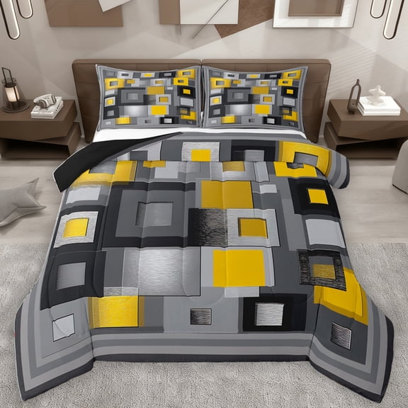 Homewish Patchwork Geometric Checkered Queen Comforter Set,Classic Grid Bedding Sets,Yellow Gray Bedding Comforter Set for boys girls,Ultra Soft Home Decor Reversible,3pcs