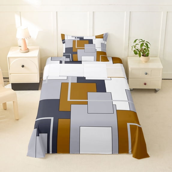 Homewish Patchwork Geometric Square Twin Sheets,Aesthetic Artwork Bedding,Yellow Gray,3 Pieces,1 Fitted Sheet and 1 Pillowcase