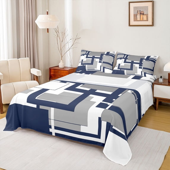 Homewish Patchwork Square Queen Sheets,Geometric Abstract Queen Sheet Sets,Navy Gray,4-Piece,1 Flat Sheet, 1 Fitted Sheet and 2 Pillowcases