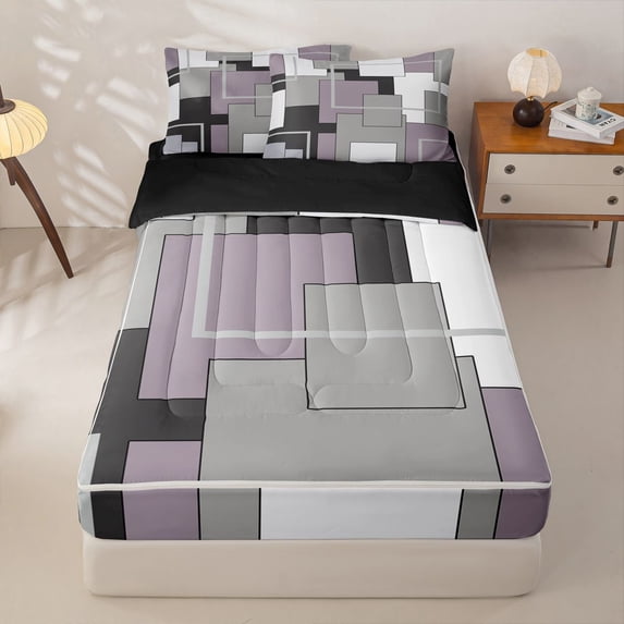 Homewish Patchwork Square Zipper Queen Comforter Set with Fitted Sheet and 2 Pillowcases,Aesthetic Artwork Zipper Bedding Set,Mauve Purple,Black Reversible,4pcs