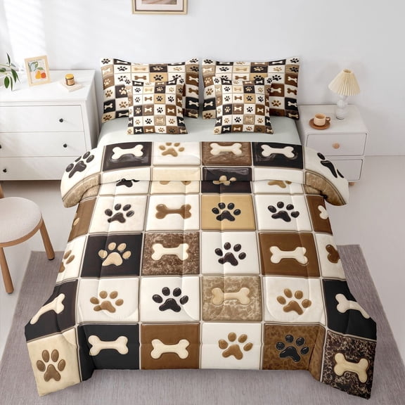 Homewish Paw Bone Plaid 7-Piece Twin Bedding,Retro Pet Dog Theme Bedding Comforter Set,Brown,Light Gray Reversible