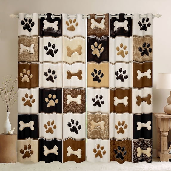 Homewish Paw Bone Plaid Kitchen Curtains,Retro Pet Dog Theme Black Out Curtains Pack of 2 (42x63 Each),Brown