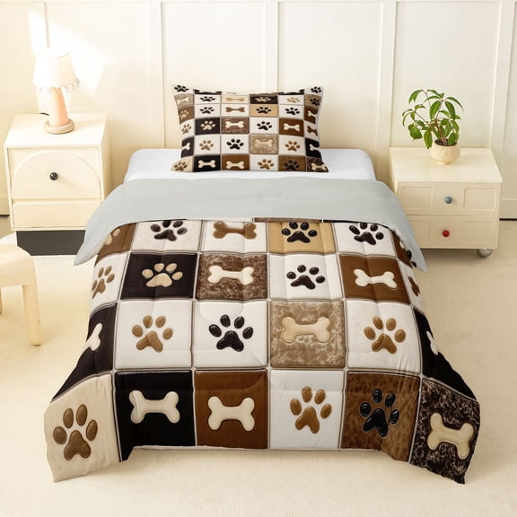 Homewish Paw Bone Plaid Twin Comforter Sets,Retro Pet Dog Theme Bedding Set,Brown,Light Gray Reversible,2pcs,1 Comforter and 1 Pillowcase