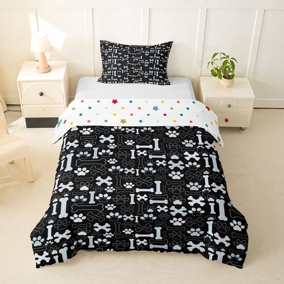 Homewish Paw Bone Twin Duvet Cover,Cartoon Dog Themed Twin Bedding,Black,Polkadot Reversible,2-Piece,1 Duvet Cover and 1 Pillowcase