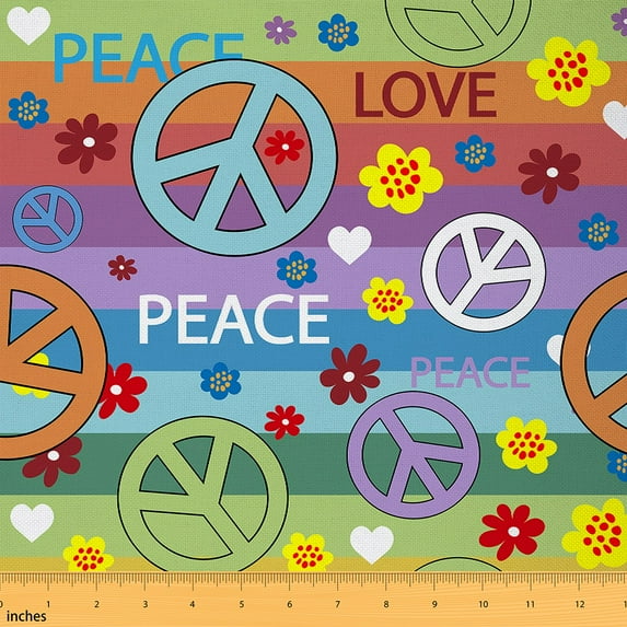 Homewish Peace Theme Fabric by the Yard 1 Yard,Colorful Cartoon Flower Home Decor Fabric by the Yard,Rainbow Stripes Sewing Fabric For Girls Kids,Microfiber Bedroom Decor