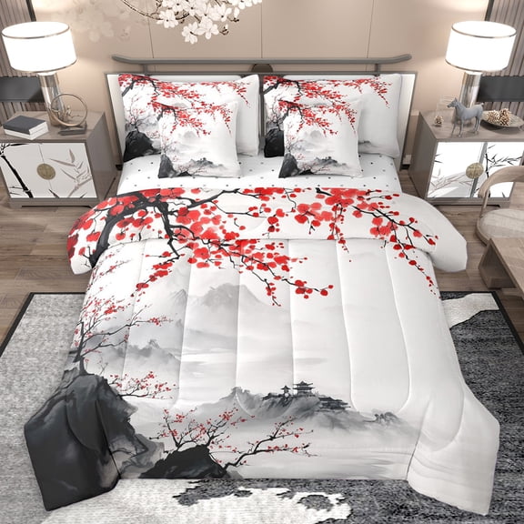 Homewish Peach Blossom 7-Piece Bedding Comforter Set,Ink Painting Artistic King Bedding Sets,Red White Gray Bed Sheets For Girls Kids,Ultra Soft Home Decor Reversible