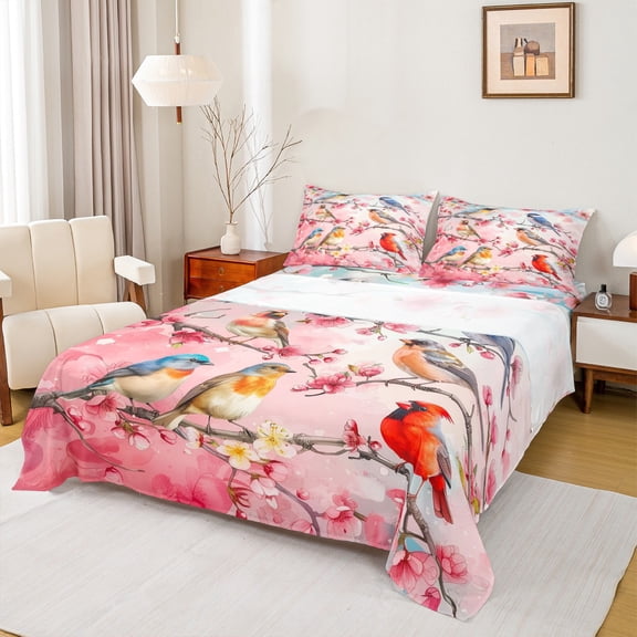 Homewish Peach Blossom Bed Sheets,Cute Cardinal Bird King Sheets,Pink Flower Floral Sheet Set For Teens,Super Cozy Room Decor,4pcs