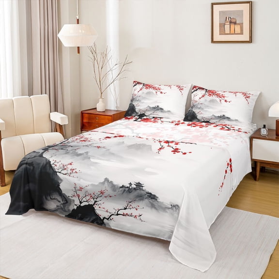 Homewish Peach Blossom Twin Sheet Sets,Ink Painting Artistic Twin Fitted Sheet,Red White Gray Flat Sheet For Girls Kids,Ultra Soft Home Decor,3 Pieces