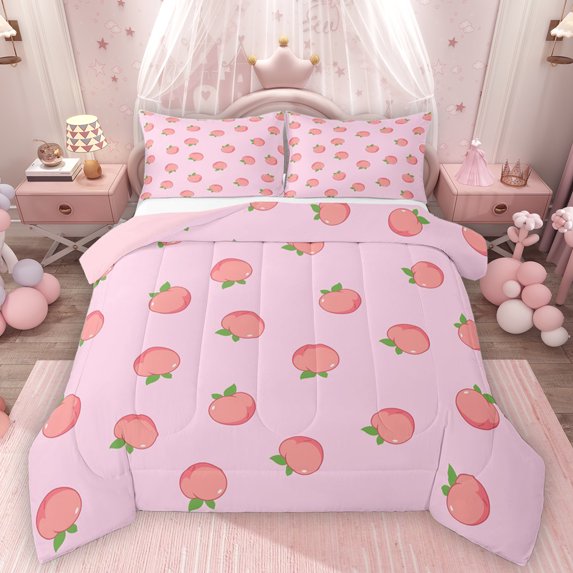 Homewish Peach Full Size Comforter Sets,Summer Fruit Bedding Comforter Set,Pink Green Bedding Sets For Girls,Ultra Soft Home Decor Reversible,3 Pieces