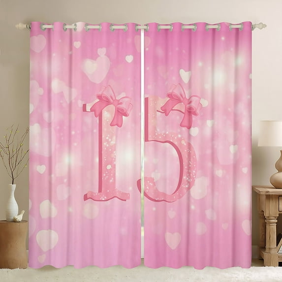 Homewish Personalized 15 Birthday Gifts Black Out Curtains,Kawaii Bow Tie Curtains Pack of 2 (42x63 Each),Princess Pink Bowknot Bedroom Curtains For Girl Teens,Microfiber Bedroom Decor