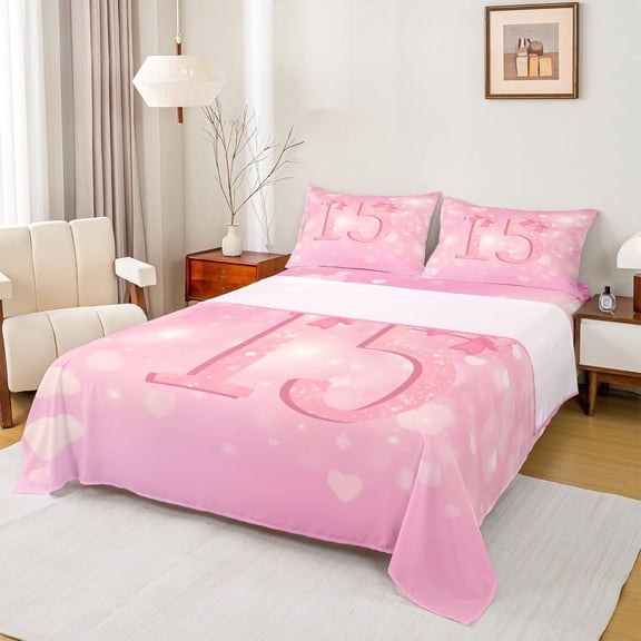 Homewish Personalized 15 Birthday Gifts Twin Sheet Sets,Kawaii Bow Tie Twin Fitted Sheet,Princess Pink Bowknot Flat Sheet For Girl Teens,Microfiber Bedroom Decor,3-Piece