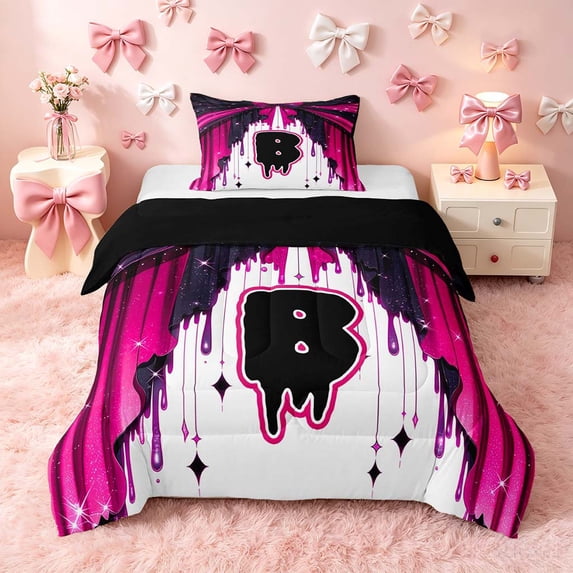 Homewish Personalized Initial A Twin Comforter Sets for Girls, Princess Bow Bedding Set, Black Reversible, 2-Piece 1 Comforter and 1 Pillowcase