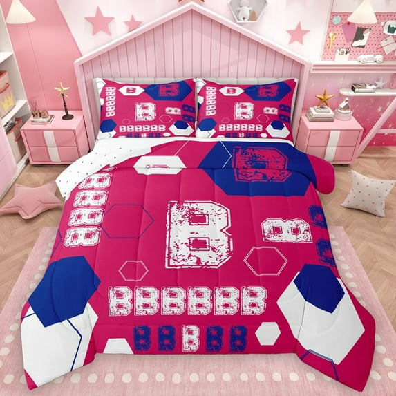 Homewish Personalized Initial B 3 Pieces Queen Comforter Set For Female Men Adults,Blue White Ultra Soft Bedding Sets,Geometric Honeycomb Hexagon Bedding Comforter Set