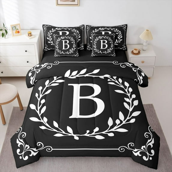 Homewish Personalized Initial B 7-Piece Twin Bedding Sets For Teens Boys Girls,Black White Bedding Comforter Set,Botanical Plants Leaves Breathable Sheet Sets,Microfiber Bedroom Decor,Reversible