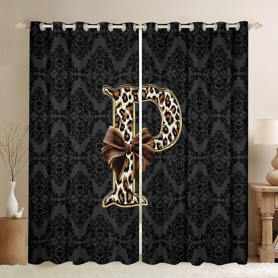 Homewish Personalized Initial Bow Knot P Curtains Pack of 2 (42x84 Each) for Boys Girls,Gothic Boho Damask Curtains Blackout,Leopard Print Bedroom Curtains,Lightweight Room Decor