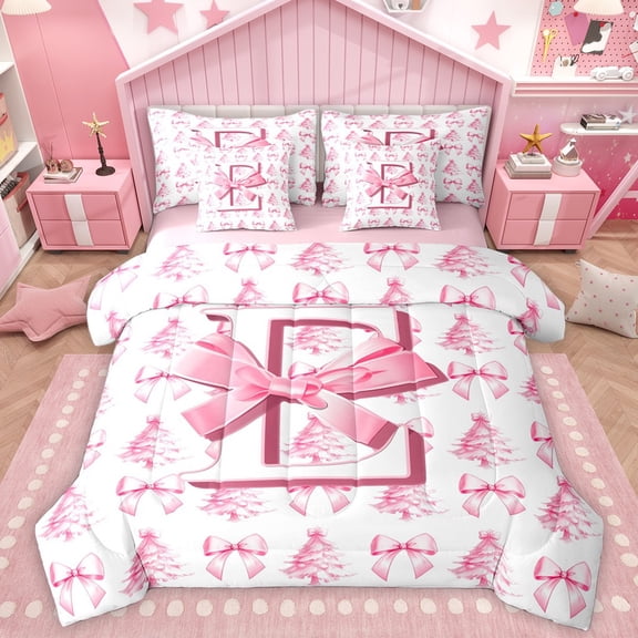 Homewish Personalized Initial E 7 Pieces Bedding Comforter Set For Teens Boys Girls,Merry Christmas Tree Full Bedding Set Lightweight,Cute Ribbon Bow Fitted Sheet Flat Sheet,Microfiber Bedroom Decor