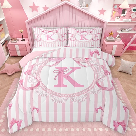 Homewish Personalized Initial K 2pcs Bedding Comforter Set For Teens Boys Girls,Geometric Stripes Twin Comforter Sets,Cute Ribbon Bow Breathable Bedding Set,Microfiber Bedroom Decor,Reversible