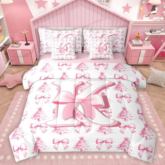 Homewish Personalized Initial K 7-Piece Twin Bedding Sets For Teens Boys Girls,Merry Christmas Tree Bedding Comforter Set,Cute Ribbon Bow Breathable Sheet Sets,Microfiber Bedroom Decor,Reversible