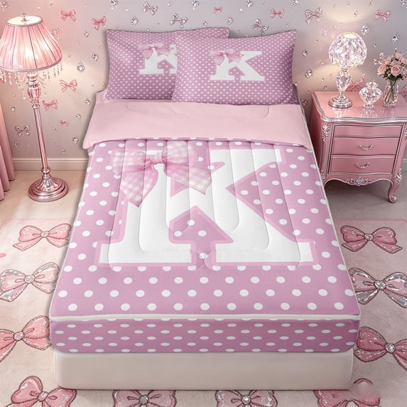 Homewish Personalized Initial K Zipper Full Size Comforter Sets with Fitted Sheet and 2 Pillowcases for Girls, Pink Bowtie Polka Dots Zipper Bedding Set,4pcs, Pink Reversible