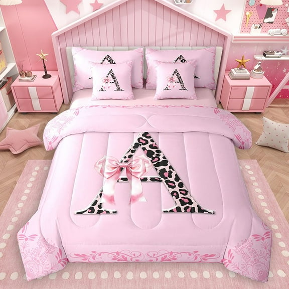 Homewish Personalized Initial Letter A 7-Piece Twin Bedding Sets for Kids Children Girls,Leopard Print Bedding Comforter Set,Dreamy Princess Bow Breathable Sheet Sets,Luxury Bedroom Decor,Reversible