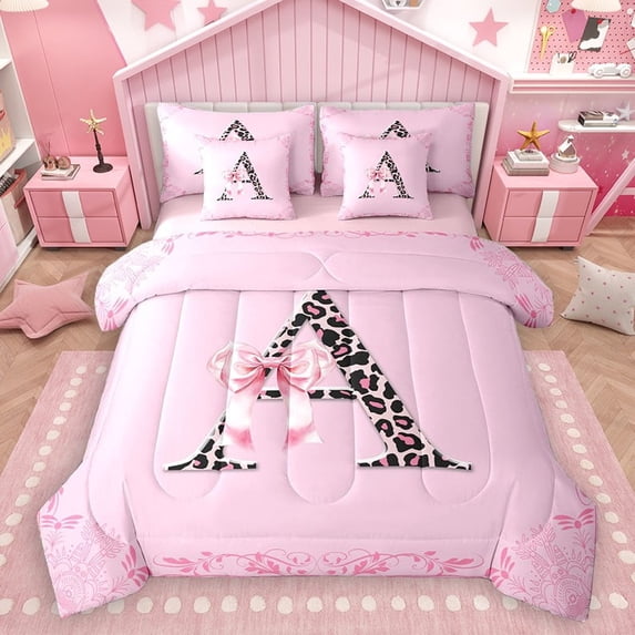 Homewish Personalized Initial Letter A 7 Pieces Bedding Comforter Set for Kids Children Girls,Leopard Print Full Bedding Set Lightweight,Dreamy Princess Bow Fitted Sheet Flat Sheet